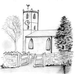 A pencil sketch of All Saints Church, Tibberton. The gates are open, and the clock shows 3 o'clock. Copyright Mrs K Cunningham.